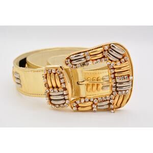Vintage Isabel USA M/L Crystal Belt Buckle Gold Embossed Belt Size 31/35 1980s